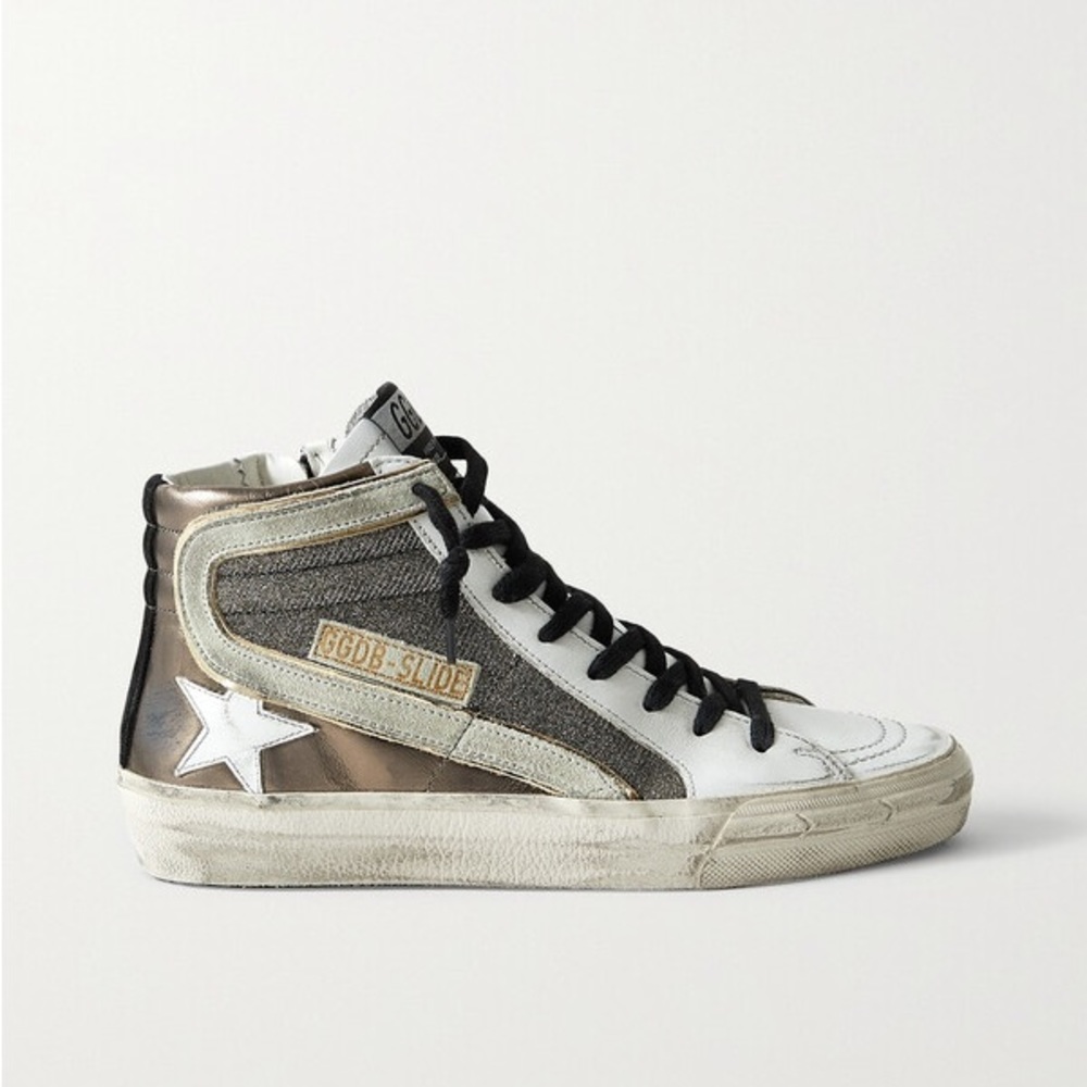 Authentic Golden Goose Slide distressed suede-trimmed leather Lurex high-tops